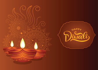 Happy Diwali festival of lights horizontal card featuring mandala art and glowing diya on yellow background, perfect for greeting cards, festive banners, and vector design.