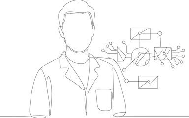 Continuous Line Drawing of Medical Professional with Network Connection Diagram