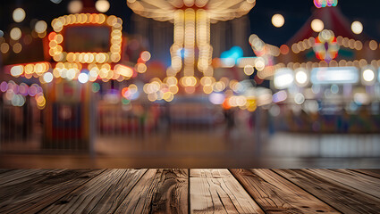 Blurred amusement park lights at night with wooden foreground