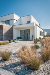 Modern house design featuring a sleek entrance with landscaped pathways, showcasing minimalist architecture under a clear blue sky in a suburban neighborhood
