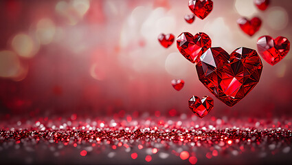 Sparkling ruby heart gems floating on red glitter background