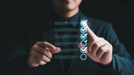 Professional businessman confidently marking completed tasks on a digital checklist, symbolizing success and efficiency in modern business operations.