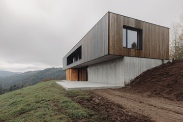 Obraz premium A contemporary house elegantly situated atop a hill features a striking blend of wooden and concrete elements, embraced by lush nature and majestic mountains, all set against a dramatic cloudy sky