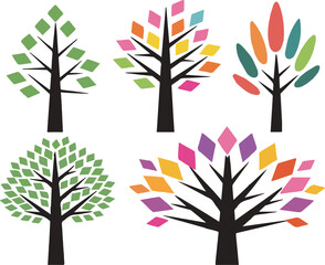 Five stylized trees with green and colorful diamond shaped leaves on white background graphic illustration