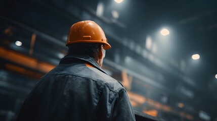 Industrial worker wearing protective helmet operating machinery inside a factory