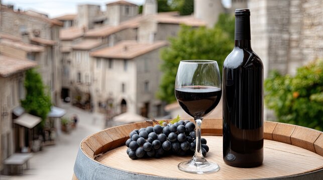 A glass of red wine sits next to clusters of fresh grapes on a wooden tray, with rustic buildings and green hills in the background
