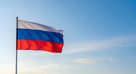 Naklejka premium Russian flag waving in the wind against a clear blue sky.