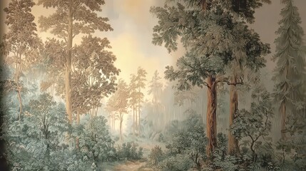 Wall painting depicting a serene landscape with trees. Design for wallpaper, photo wallpaper, frescoes, wall painting and other works.