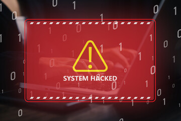Business cybersecurity concept showing alert system hacked warning on laptop screen. Symbol of data breach, malware, ransomware, and network security risk with binary code background.