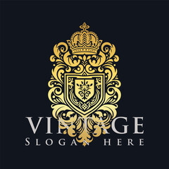 Vintage luxury logo design, golden ornamental crest emblem for premium branding
