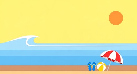 Serene Beach Scene with Umbrella, Ball, and Flip-Flops.