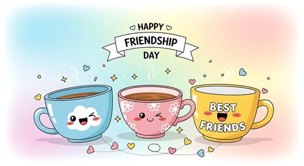 Happy Friendship Day with three cute cartoon coffee cups.