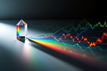 Crystal prism refracting light spectrum onto stock market graph display