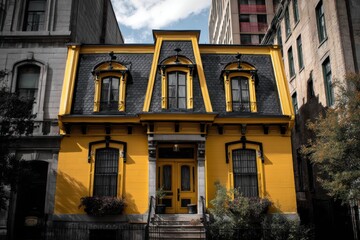 A vibrant bright yellow house captures attention as it stands out prominently among the surrounding urban buildings in a lively neighborhood during the daytime