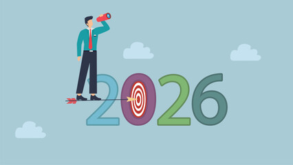 Businessman using telescope on 2026, symbolizing vision and strategic planning for future business