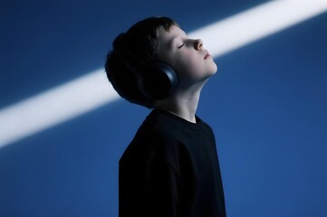 Neurodivergent kid boy with headphones and upward face bathed in narrow white light beam on blue background symbolizing focused sensory experience and calm