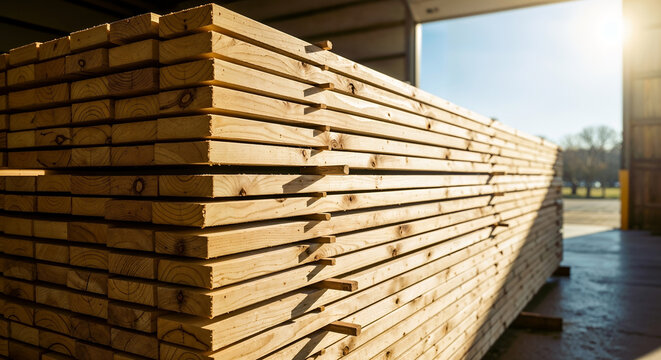Industrial sawmill yard with sunlight illuminating large stacked timber planks neatly aligned in warm glowing atmosphere