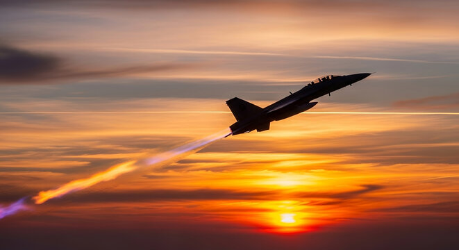 Military fighter jet aircraft taking off dramatically at sunset sky with afterburner flames trail and atmospheric clouds
