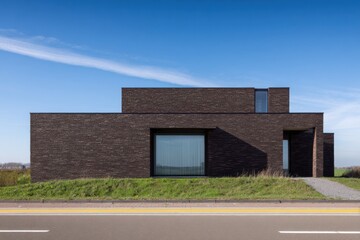 A contemporary black brick house situated close to the countryside displays sleek, clean lines and expansive windows, radiating in the warmth of a sunny day