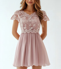  attractive and stylish dress with lace detailing on the top, pastel pink color
