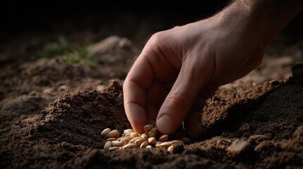 Hand planting seeds in rich soil for new growth