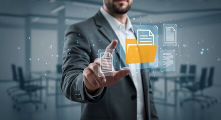 Visionary businessman seamlessly manages digital documents and data through an innovative holographic interface in a modern office environment