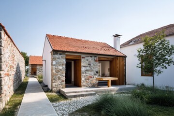 This contemporary stone house seamlessly merges with its natural surroundings, offering a tranquil retreat enveloped by lush greenery and scenic walking paths, all illuminated by radiant daylight