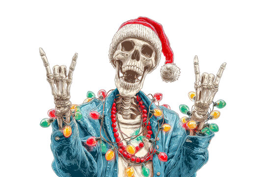 transparent background. Skeleton wearing Santa hat and colorful lights, making rock hand gesture, dressed in denim jacket, embodying festive spirit with a humorous twist