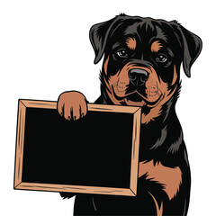 Cute rottweiler puppy holding a blank chalkboard for your message