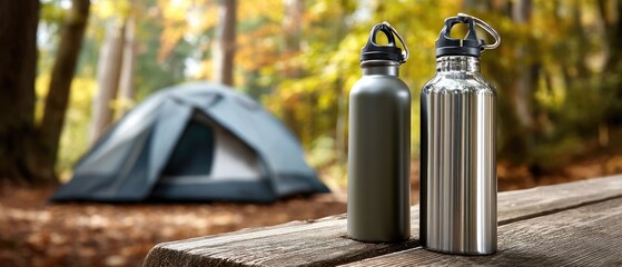 Water bottles in silver and blue stand on a wooden table in a peaceful camping area with colorful autumn leaves and tents nearby