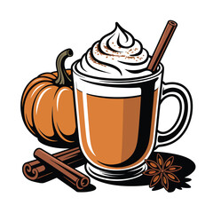 Cozy autumn pumpkin spice latte with whipped cream and cinnamon sticks