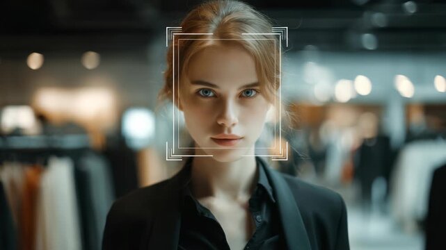 Portrait stylish woman with digital facial recognition graphics in trendy clothing store, symbolizing AI driven security, smart retail. Futuristic technology, innovation in fashion industry