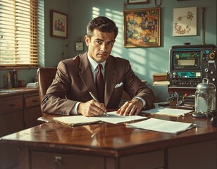 Vintage office scene with professional man writing in retro workspace setting