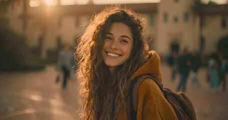 University, girl and happy in portrait outdoor for scholarship opportunity, study and education. Confidence, college students and smile with bag on campus for knowledge, learning institute and pride