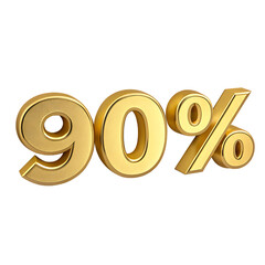 Golden 3D ninety percent symbol, with metallic sheen, cutout, PNG isolated on transparent background