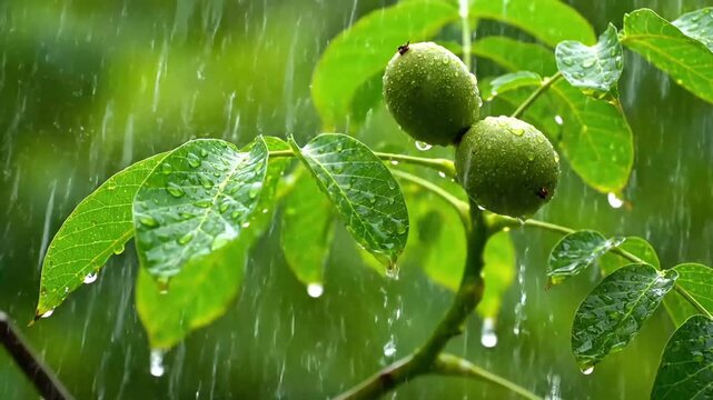 Refreshing summer rain on green walnut tree leaves creates a vibrant, natural, calming atmosphere