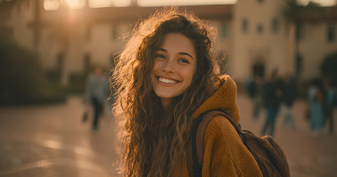 University, girl and happy in portrait outdoor for scholarship opportunity, study and education. Confidence, college students and smile with bag on campus for knowledge, learning institute and pride