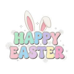 Fototapeta premium Whimsical pastel happy easter text with bunny ears and flower accents png