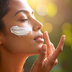 Woman applying cream outdoors