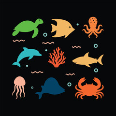 Set of underwater marine animals and coral reef.
