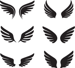 Six black silhouette wing designs on white background abstract graphic elements wings