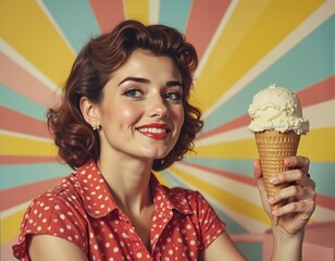 Retro summer delight: woman with ice cream cone against colorful pinwheel backdrop