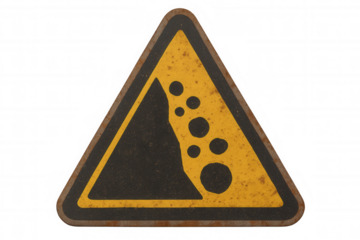 Rusty falling rocks warning sign. Old grunge triangular danger signal indicating potential landslide or rockfall hazard