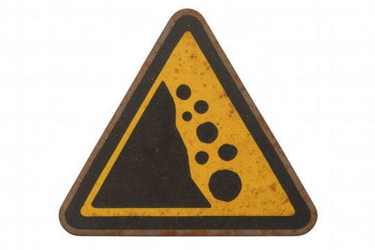 Rusty falling rocks warning sign. Old grunge triangular danger signal indicating potential landslide or rockfall hazard