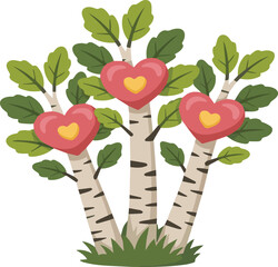 Three birch trees with red hearts and green leaves on white background love