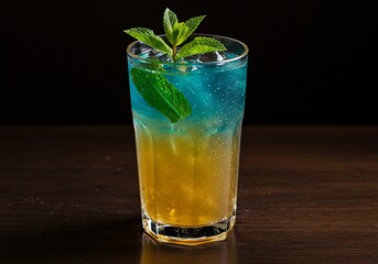 Luminous Blue and Yellow Layered Cocktail with Fresh Mint on a Dark, Moody Bar Top.
