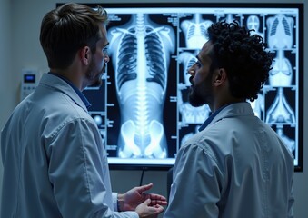Medical professionals analyzing chest x-rays for diagnosis in radiology room