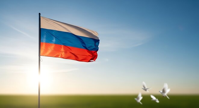 Russian Flag Waving in the Wind with Doves Flying.