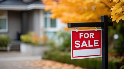 Charming house with a for sale sign stands in a tranquil setting, highlighting its spacious yard and modern architectural features