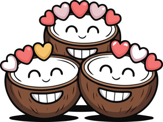 Three smiling cartoon coconuts wearing heart headbands in pink and red happy